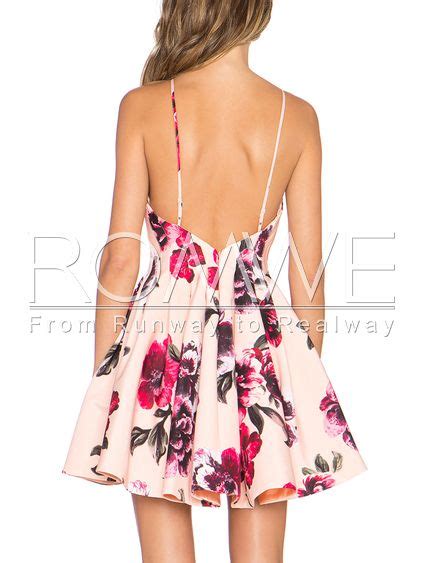 Pink Spaghetti Strap Backless Floral Print Flare Dress Floral Dresses
