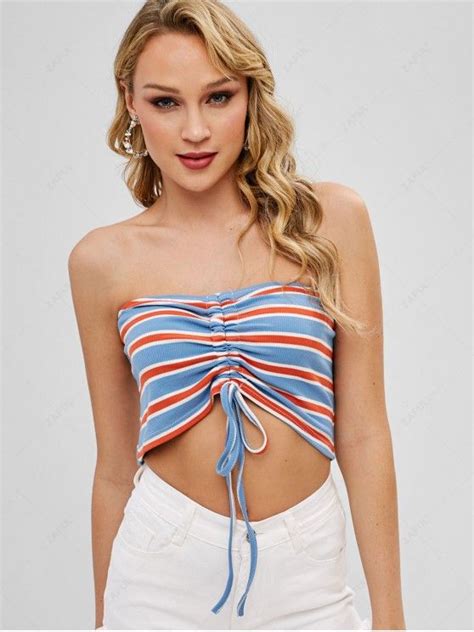 35 OFF 2021 Striped Ribbed Tie Ruched Bandeau Top In MULTI ZAFUL