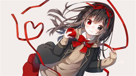 Download 1920x1080 Anime Girl Brown Hair Ribbon Heart