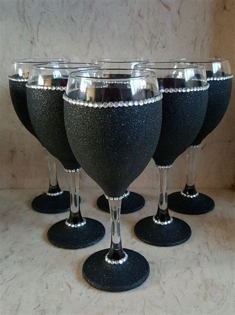 6 Black Glitter Glasses Glitter Wine Glasses Diy Glitter Wine Glasses Decorated Wine Glasses