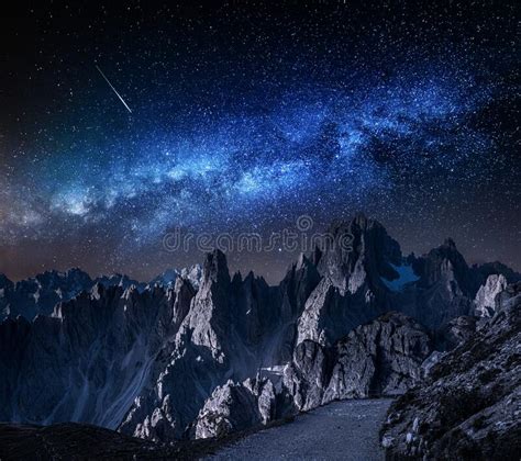 Milky Way Over Mountains Trail To Tre Cime Dolomites Stock Image