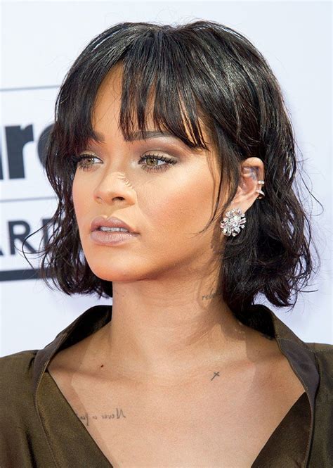 Celebrities With And Without Bangs Rihanna Faux Bangs Thick Bangs Choppy Bangs Curly Bangs