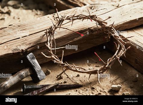 Crown Of Thorns Among Cross Hammer With Nails As Crucifixion Symbols