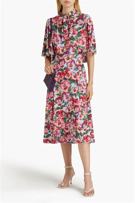 Dolce Gabbana Pussy Bow Floral Print Stretch Silk Midi Dress Sale