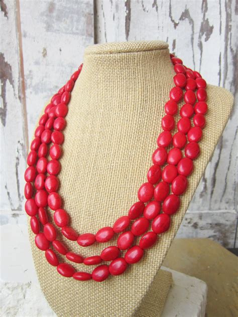 Red Turquoise Statement Necklace Red Triple Strand Necklace
