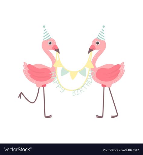 Cute Flamingos Wearing Party Hats Holding Party Vector Image