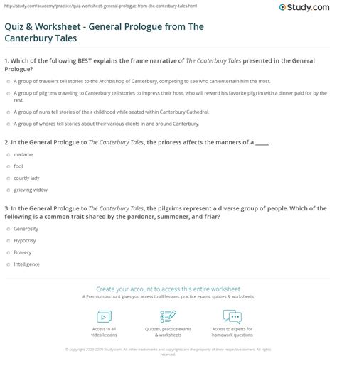 Quiz And Worksheet General Prologue From The Canterbury Tales