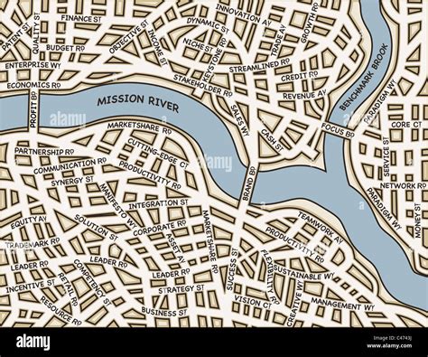 Illustrated Map Of A Generic City With Business Street Names Stock