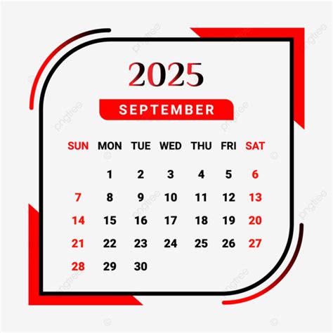 Calendario Del Mes De Septiembre De 2025 Con Rojo Y Negro Vector Png