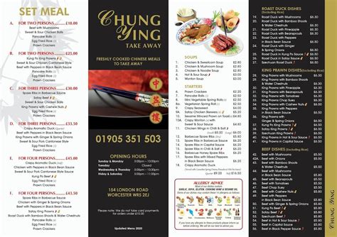 Menu At Chung Ying Fast Food Worcester 154 London Rd
