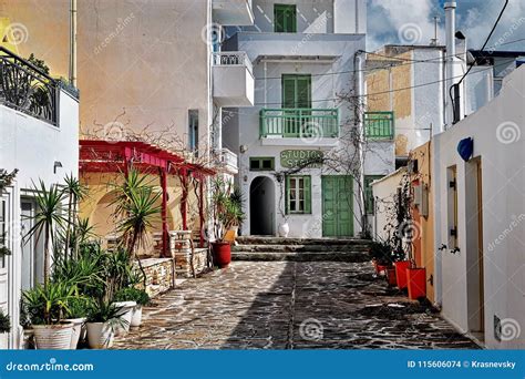 View Of The Street In Chora Old Town Naxos Greece Editorial Stock