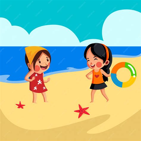 Premium Vector Two Girls Play On The Beach