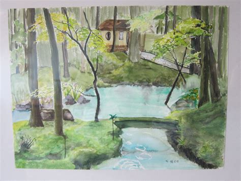 Meditation Japanese Zen Garden Aquarell Painting With Wooden Etsy