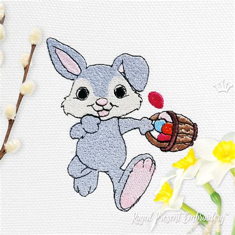 Cute Easter Bunny Carries The Basket With Eggs Free Machine Embroidery