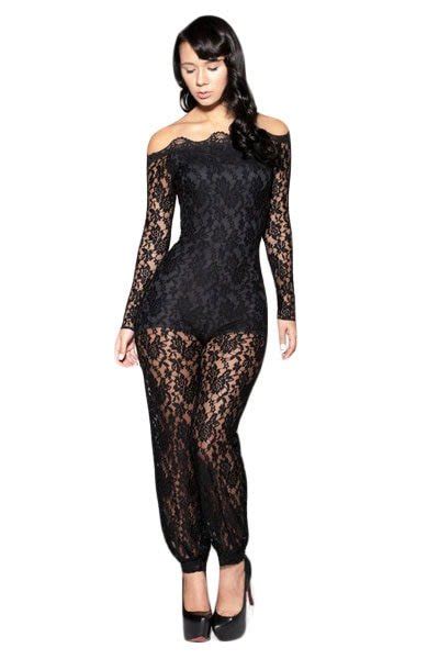 Sexy Long Sleeve Full Body Black Lace Jumpsuit Online