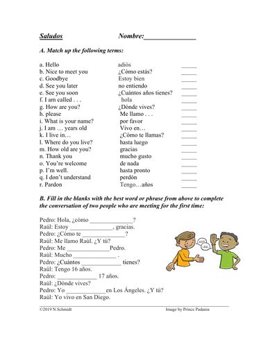Spanish Greetings And Basic Expressions Vocabulary Worksheet Saludos