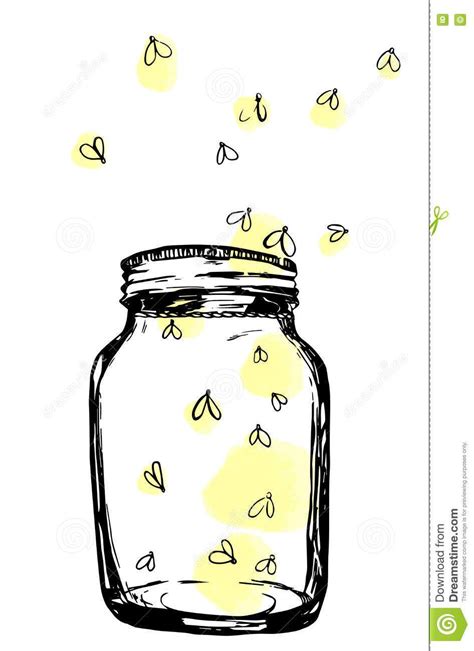 Jar With Fireflies Hand Drawn Artistic Illustration For Design
