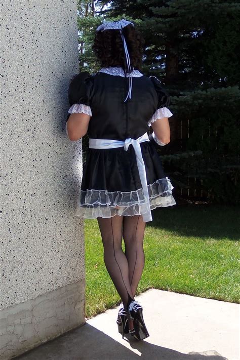 Posing In My Satin French Maids Dress My Dress Is Trimmed With White Organza With A White