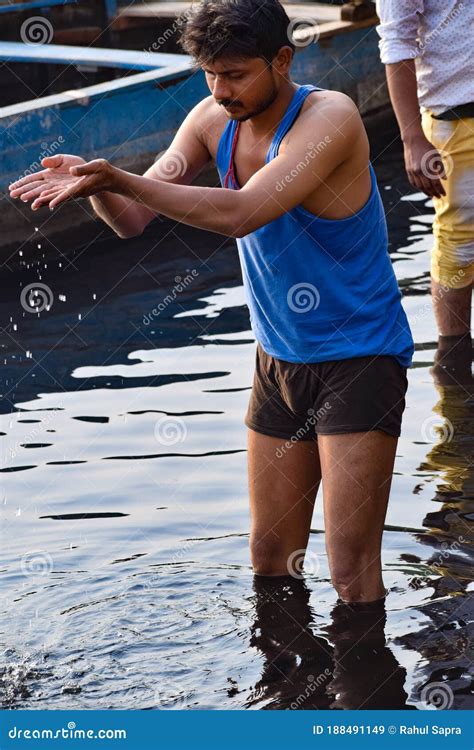 Delhi India Dec 31 2019 Man Taking Bath In Holy River Of Yamuna