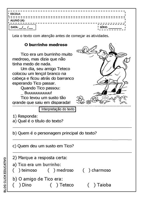 Interpretação De Texto Para 3º Ano O Burrinho Medroso Para Imprimir E