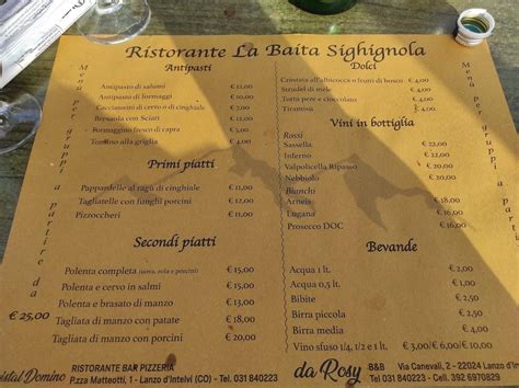 Carta Del Restaurante La Baita Lanzo Lanzo D Intelvi