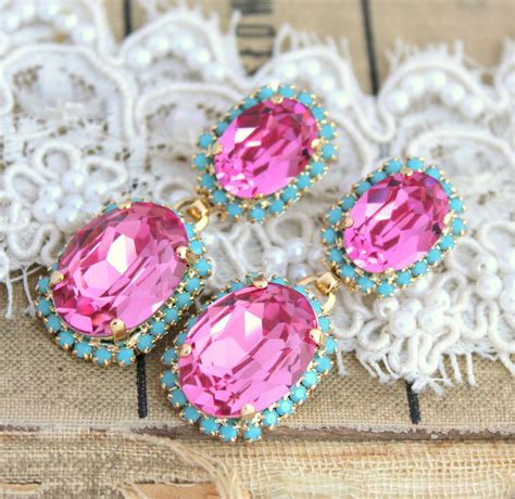 Pink And Turquoise Crystal Chandelier Earrings K Gold Plated