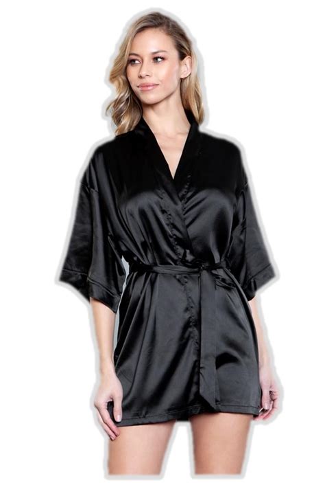 Be Wicked Sexy Black Satin Short Robe Pockets Womens Lingerie Kimono