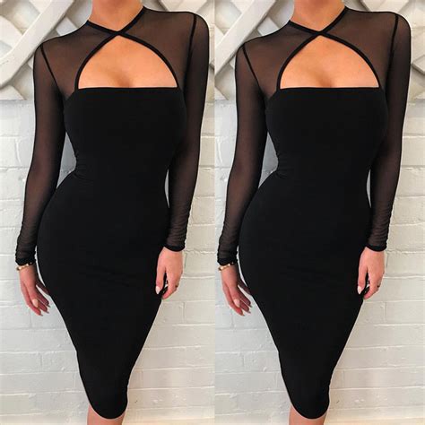 Fashion Women Dresses Long Sleeve Bodycon Solid Black Evening Party Pencil Mini Club Dress In