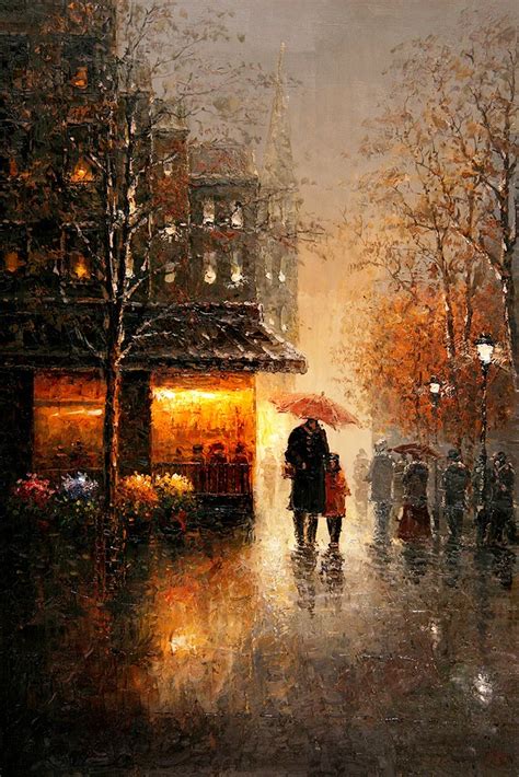 Hot Sell Rainy Day London City Street Night Scenery Oil Painting On
