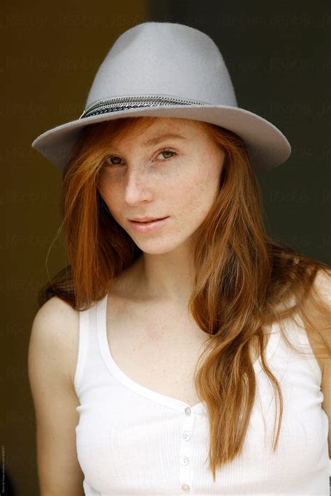Young Woman With Grey Hat By Rene De Haan Redhead Hat