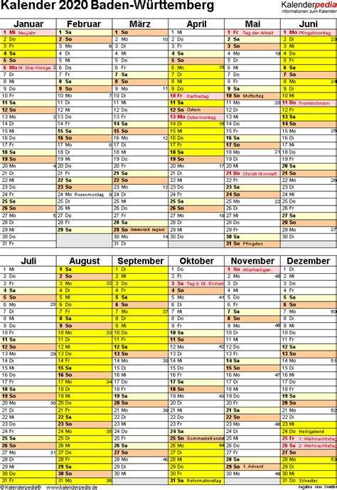 Kalender kostenlos als pdf datei herunterladen. Kalender 2020 Baden-Württemberg: Ferien, Feiertage, Excel ...