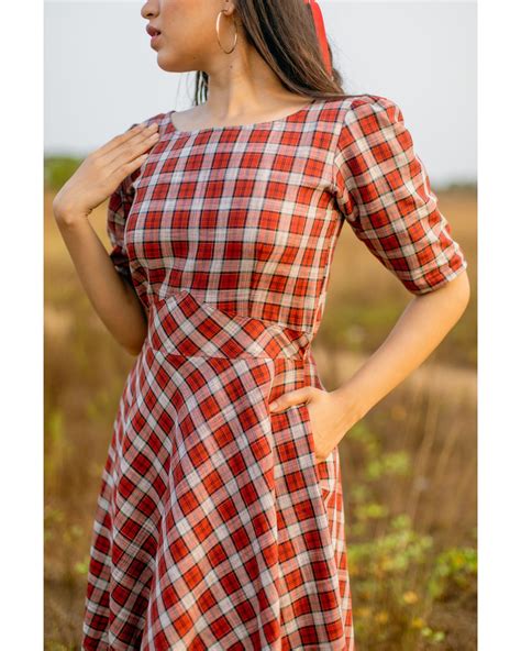 Red And White Checks Flared Dress By Athira Designs The Secret Label