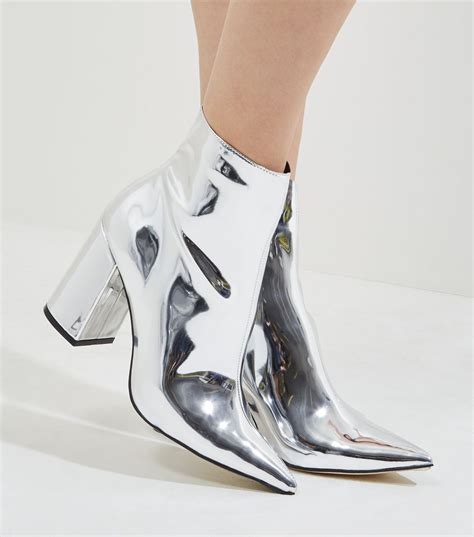 silver mirror pointed heeled ankle boots new look womens boots ankle heeled ankle boots