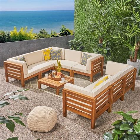 Noble House Jonah Teak Finish Piece Wood Outdoor Sectional Sofa Set With Beige Cushions