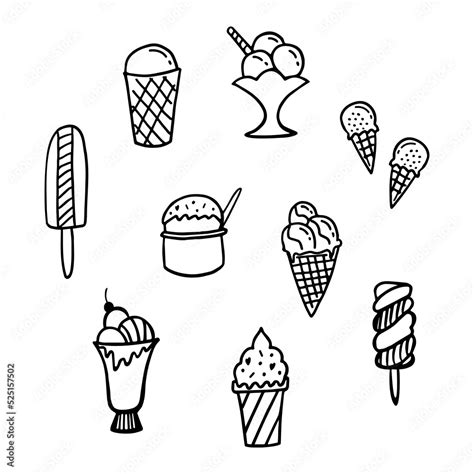 Ice Cream Line Doodle Set Nine Different Ice Cream Popsicle Gelato
