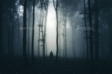 Silhouette Of Man In Mysterious Dark Haunted Forest At Night Stock