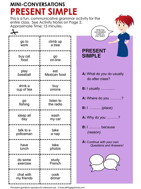 English Grammar Conversation Practice Activity Present Simple Mini Conversations