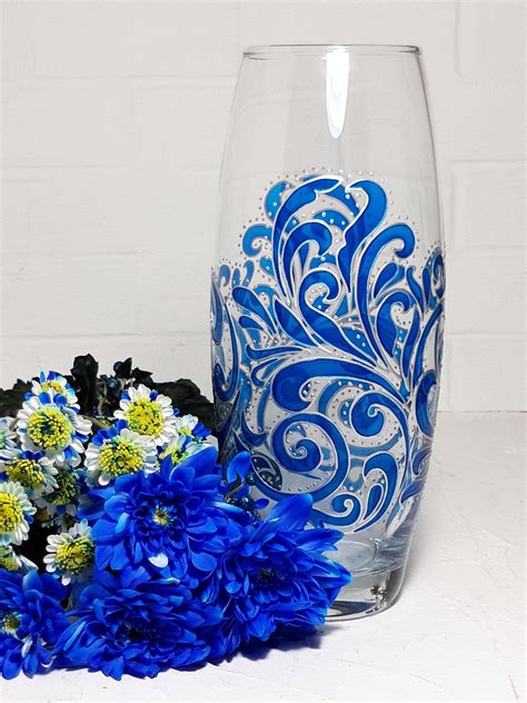 Hand Painted Big Glass Vase Wedding Centerpiece Blue Stained Glass Personalized Vase For