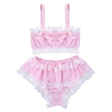 Men Ruffled Lace Sheer Chiffon Sissy Sexy Lingerie Underwear Set