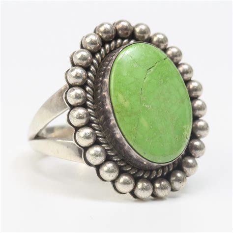 Sterling Silver G Native American Ring With Lime Green Turquoise