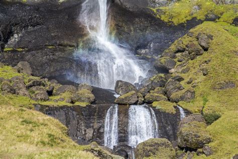 Beautiful Waterfall With Rainbow On Ring Road Iceland Stock Image