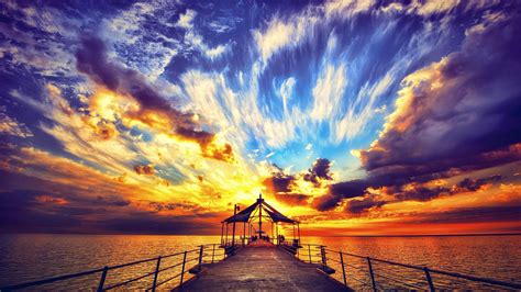 Cloud Pier Water Dusk 4k Horizon Sea Nature Evening Romantic Afterglow Sunset Sky