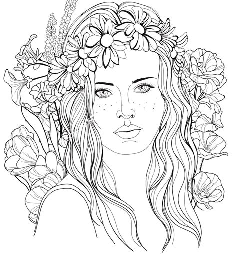 Image Of A Girl With A Floral Wreath In Her Hair Coloring Page People