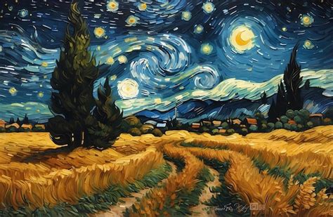 Premium Ai Image A Wheatfield With Cypress Trees Under The Starry Night