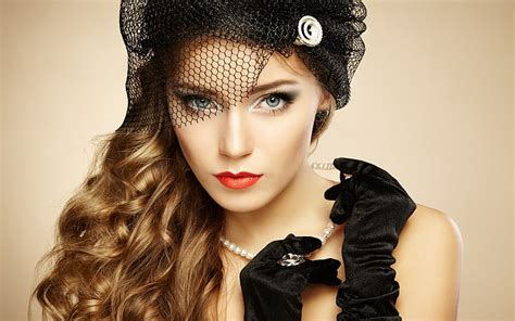 Women Face Brunette Pearl Necklace Portrait Gloves Hat Long Hair Hd Wallpaper