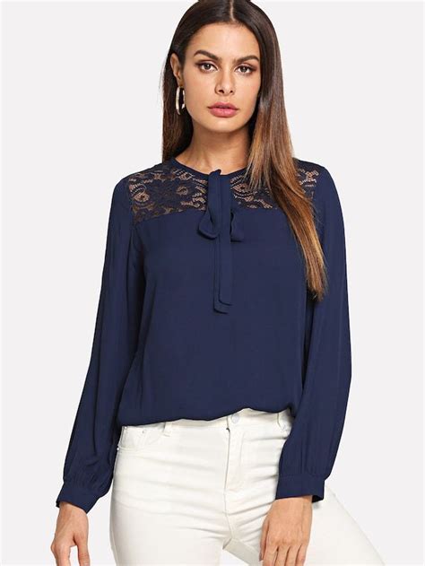 Contrast Lace Solid Blouse Sheinsheinside Blusas De Encaje Blusas