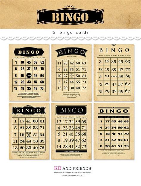 This Set Of Six Digital Vintage Bingo Cards By Kb And Friends™ Is