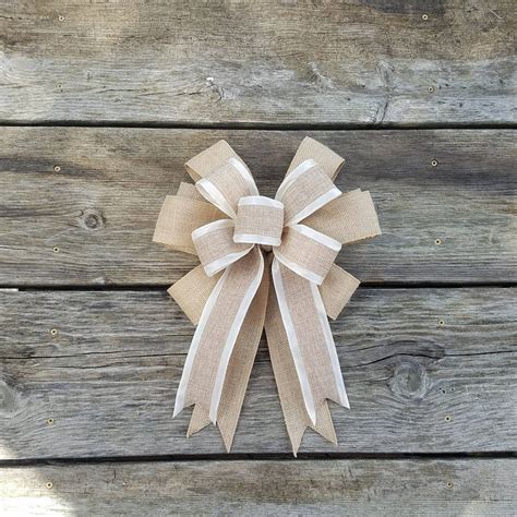 12 Inches Wide Burlap Wreath Bow With Ivory Edge Ribbon Etsy