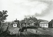 Bahnhof Baden um 1850 (von Norden her, in der Bildmitte der Schlossberg ...