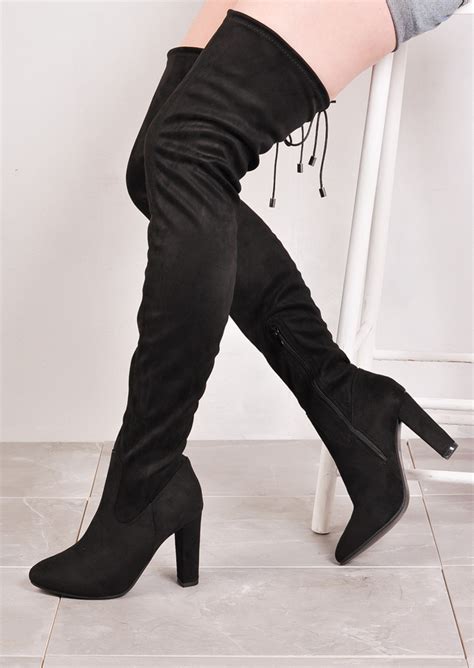 Thigh High Extra Long Block Heel Faux Suede Tie Back Boots Black